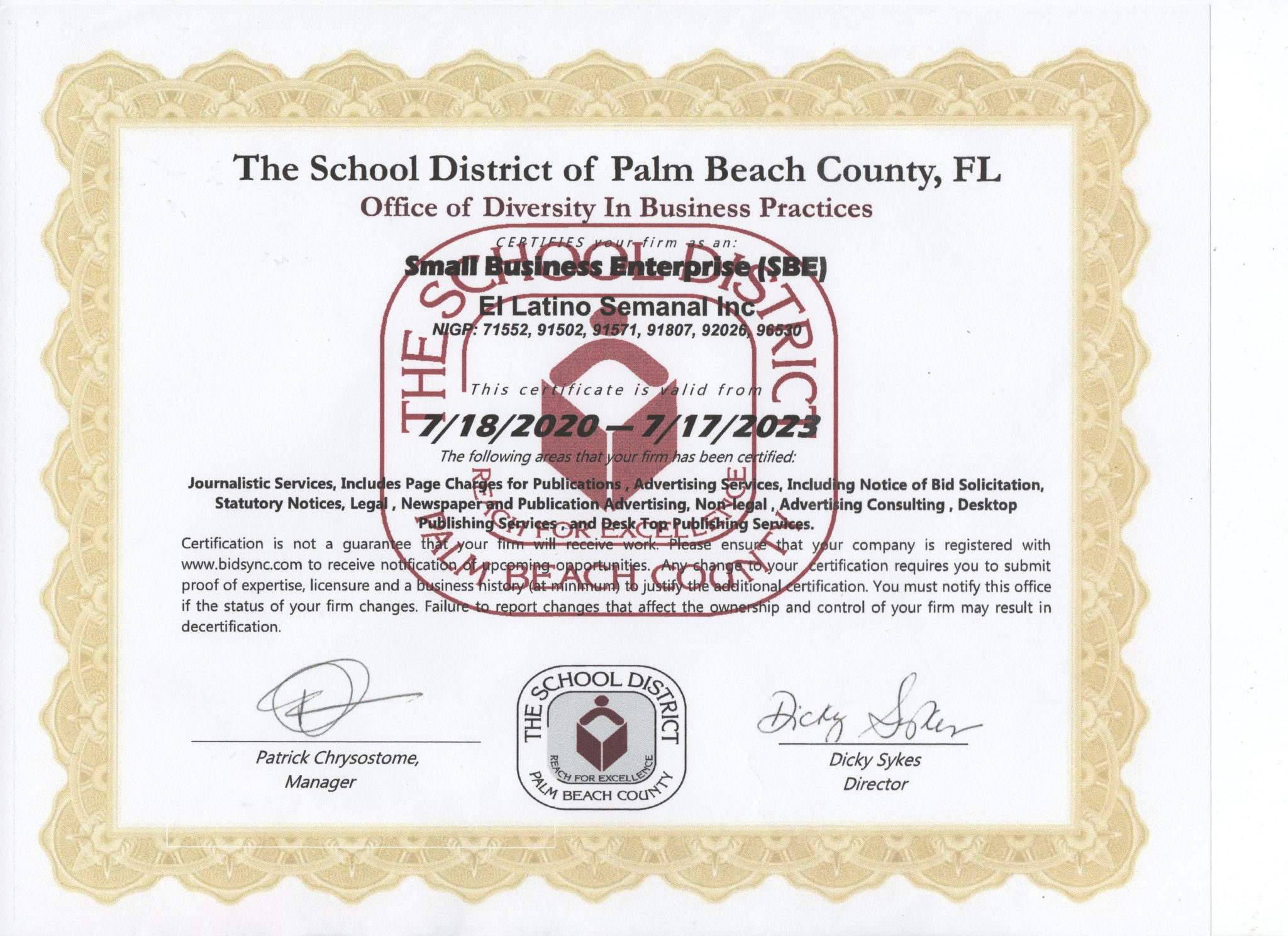Palm Beach County Minority Business Vendor Certificate El Latino Digital